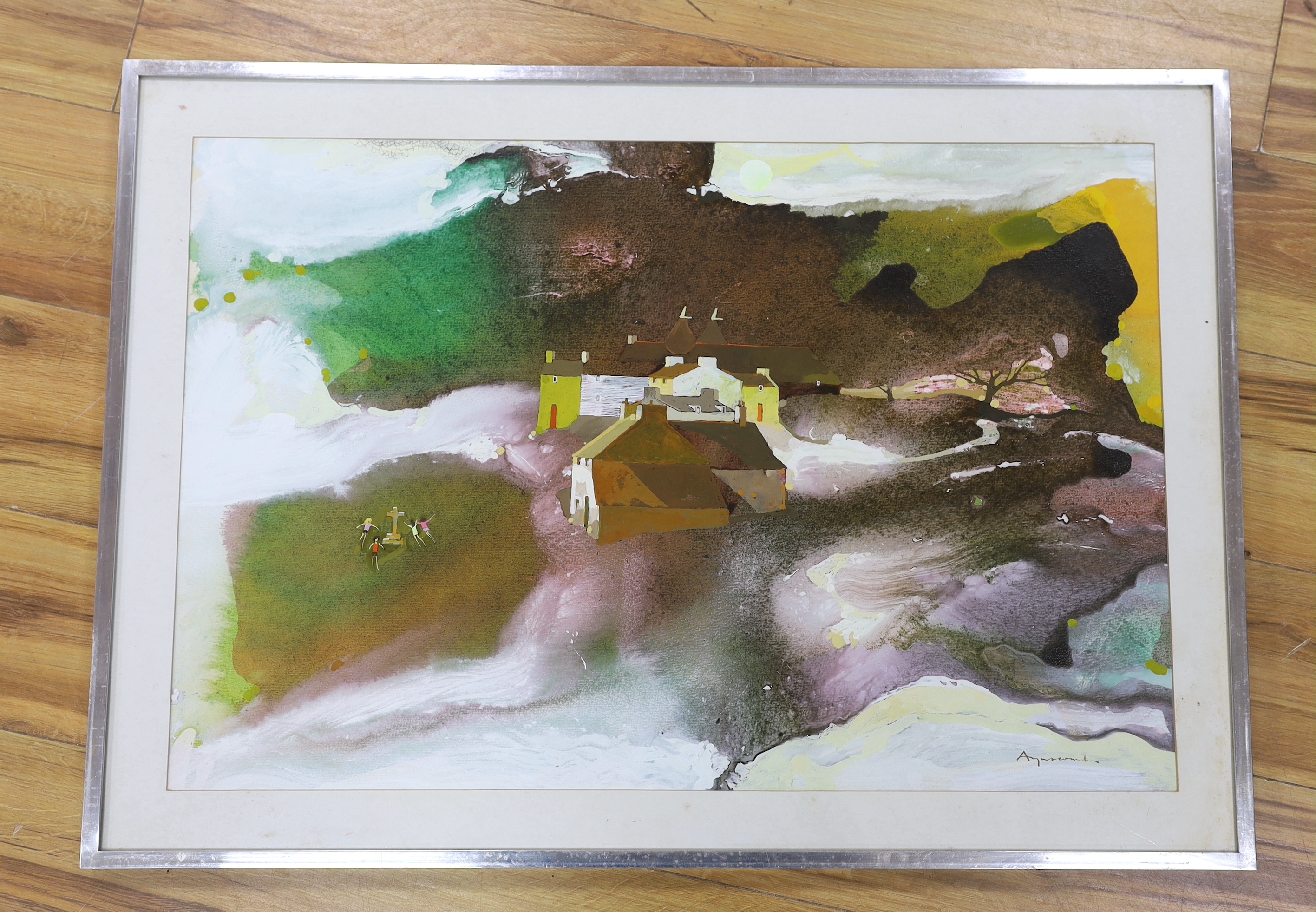 Impressionist mixed media, Rural landscape with cottages, indistinctly signed, 49 x 74cm